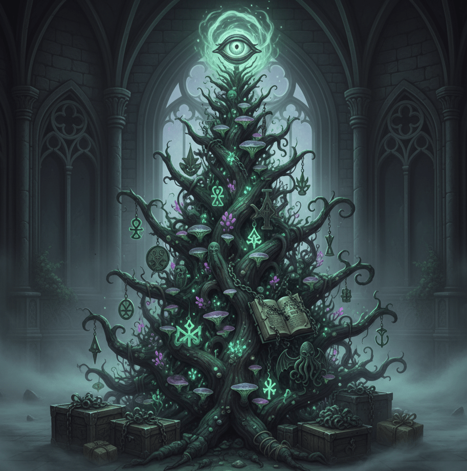 Holiday decorations featuring a statue of Cthulhu as a Christmas tree topper, surrounded by dark, eldritch ornaments and red lighting, set for a Lovecraftian celebration.