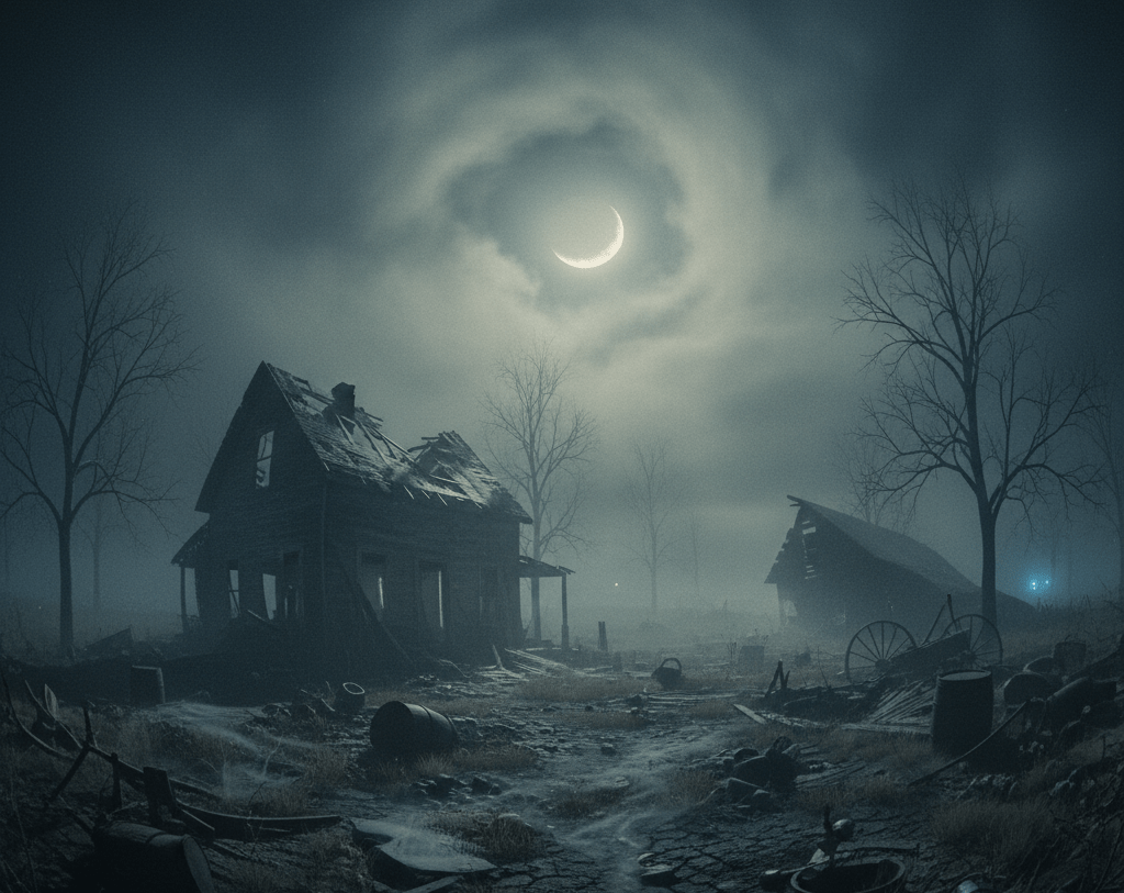 Destroyed, abandoned farmhouse at night, engulfed in dense fog, horror setting, derelict farm, Lovecraftian atmosphere.