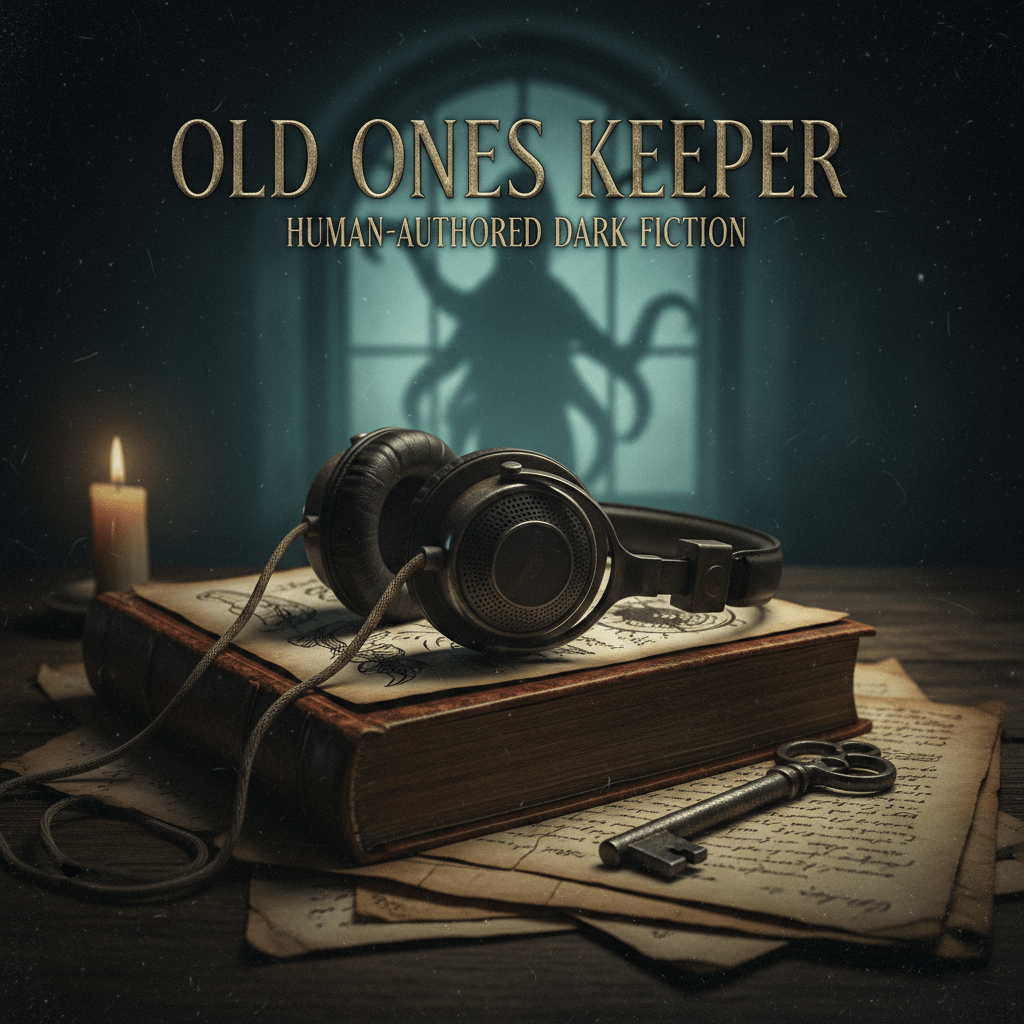 A pair of vintage-style headphones resting on a weathered, leather-bound occult book. Old documents and a skeleton key sit on a dark wooden table lit by a single candle. In the background, a shadowy, multi-tentacled creature is visible through a window. Text reads: "Old Ones Keeper - Human-Authored Dark Fiction."